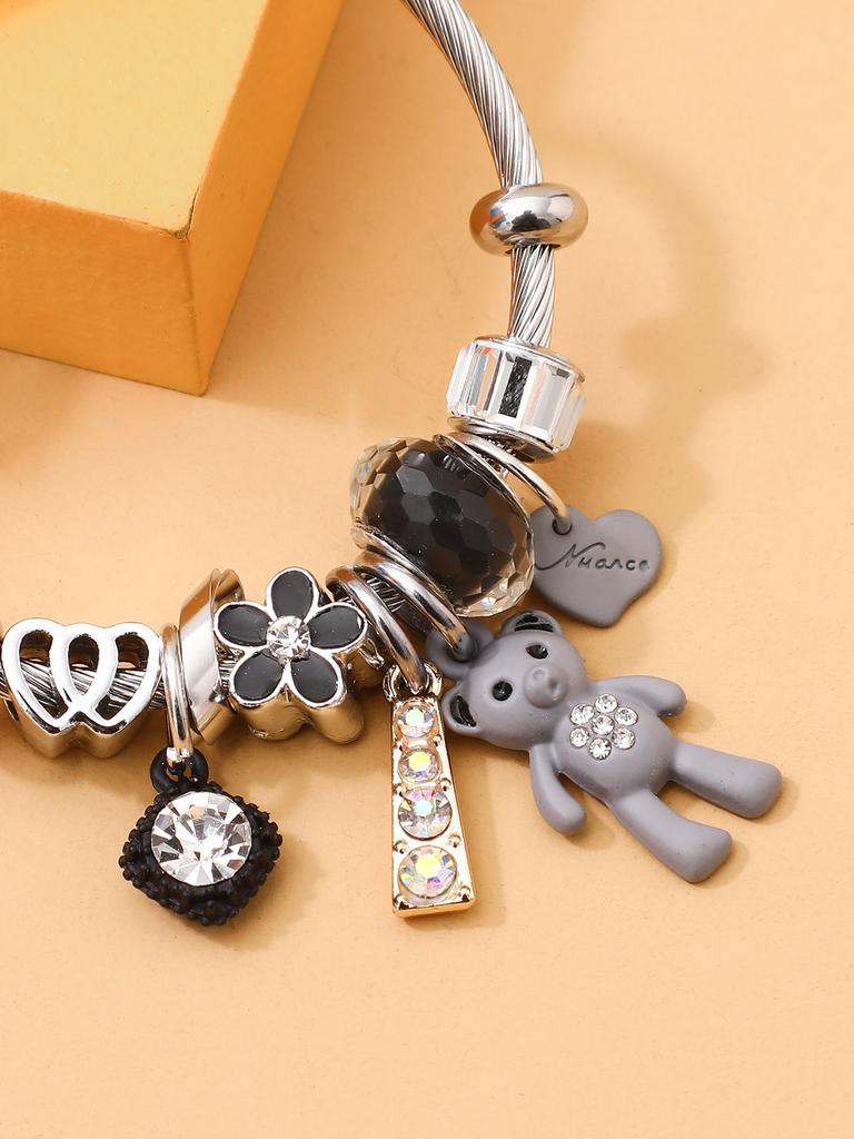 1 Charming Bear Pendant Bracelet with Flower Shining Water Zircon Cuff Bracelet for Women's Creative Holiday Wear Zircon3761