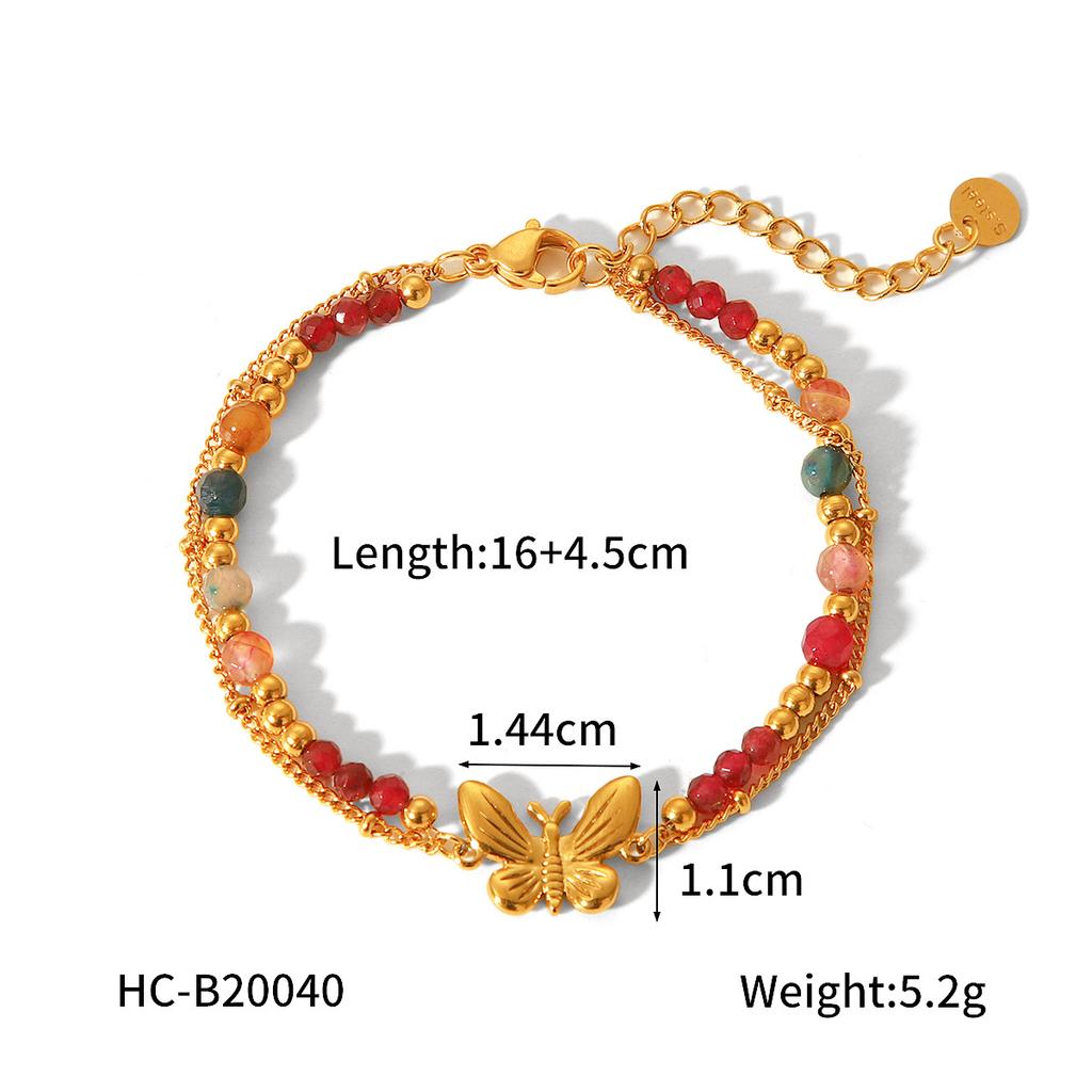 French Retro Natural Stone Chain Butterfly Bracelet for Women, Elegant Versatile Titanium Steel Bracelet