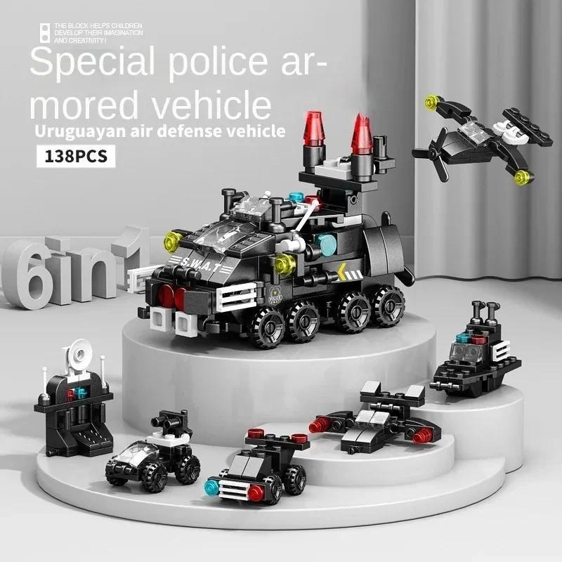 6 IN 1 City Engineering Car Police Truck Mech Dinosaur Building Blocks Tank Helicopter Bricks Fire Fighting Set Toys for Children