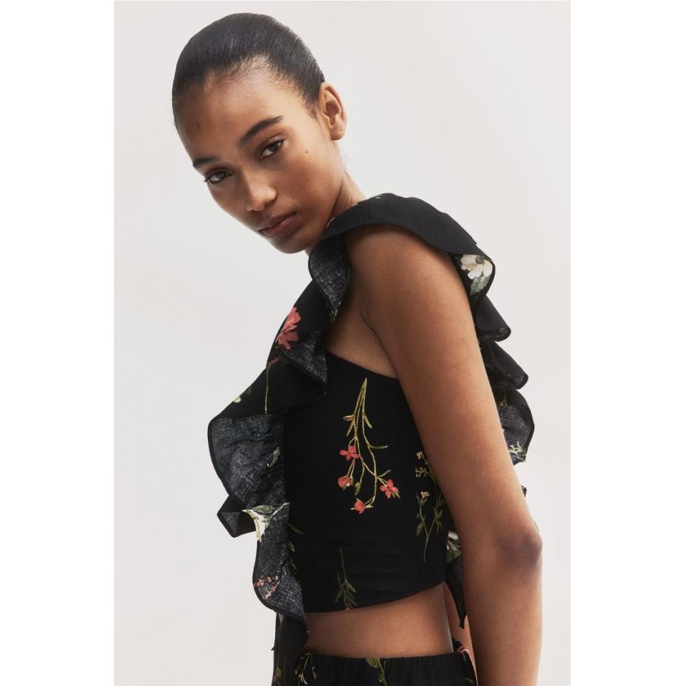 

Укороченная блузка HM из смесового льна, черная с цветочным принтом