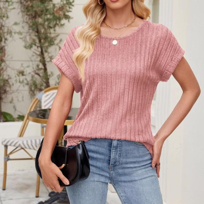 

Однотонный топ с круглым вырезом и полосками пике, повседневная женская футболка с коротким рукавом S розовый