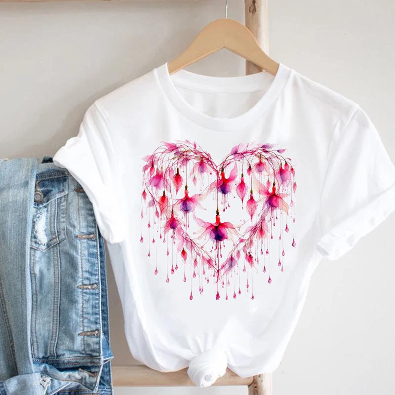 (Asian Size) letter love flower Lady Female Top Graphic Short Sleeve T-shirts Printed Fashion Clothing Women Casual T Shirt Tee