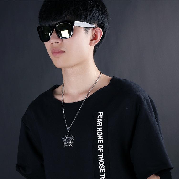 Stainless Steel Punk Skull Pentagram Freemasonry Pendant Necklace for Men