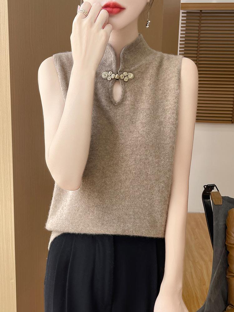 Women's Retro Knit Vest: Chinese Style, Stand Collar, Frog Button, Sleeveless Layering Top