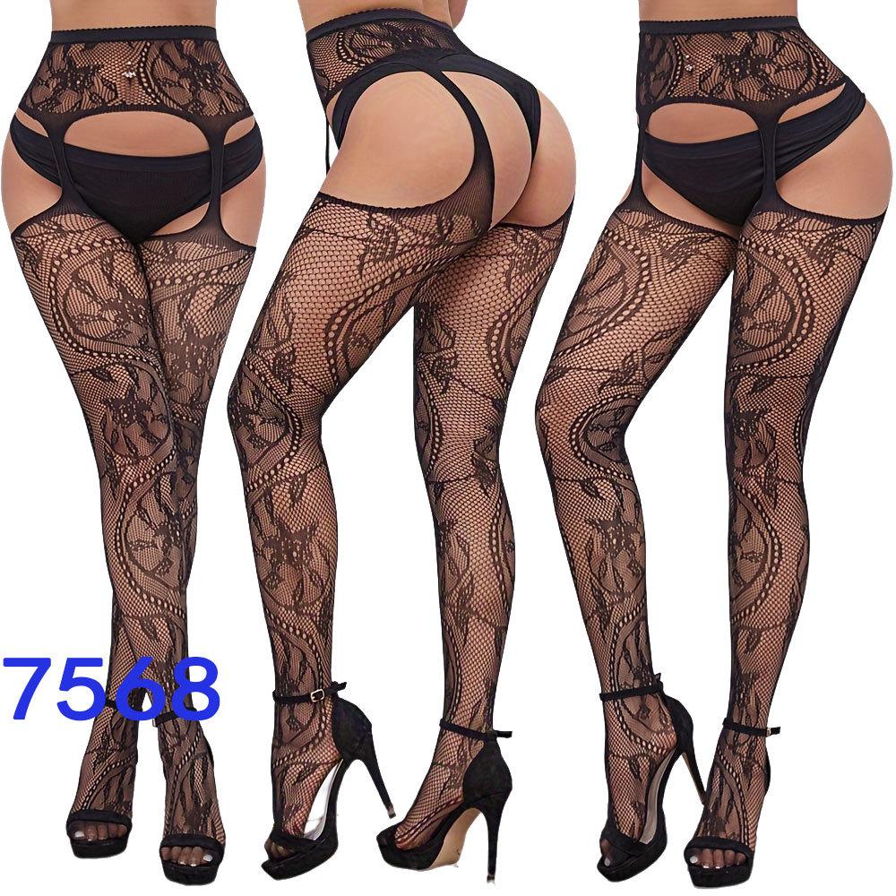 New style open crotch lace transparent suspender black silk sexy fishnet stockings non-slip one-piece suspender belt for women