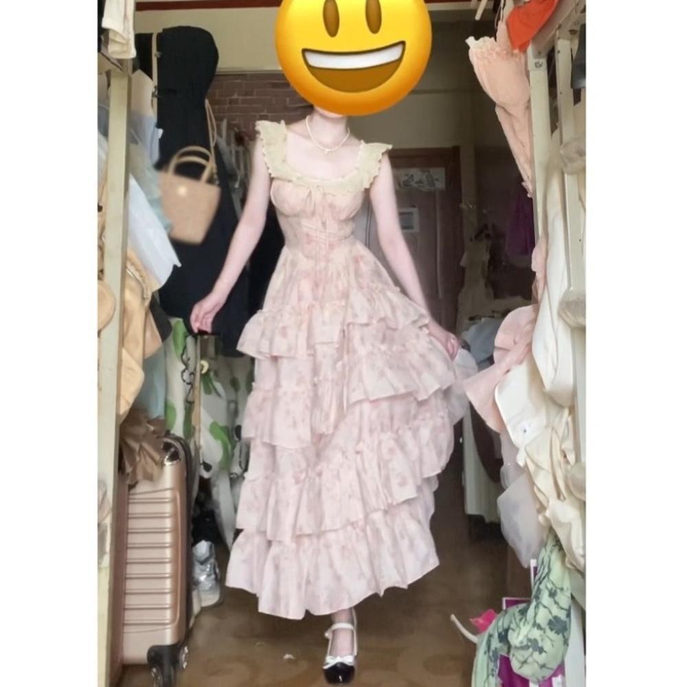 College blue floral puffy dress women's summer dopamine sweet embroidery suspender cake dress waist dress