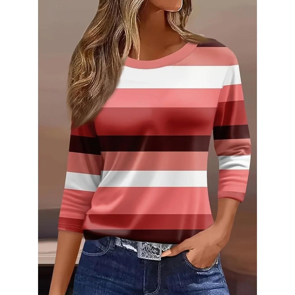 Tops for Women Striped Pattern Round Neck Long Sleeve T-shirt Fall Casual Slim Pullover Women's Long Sleeve Top