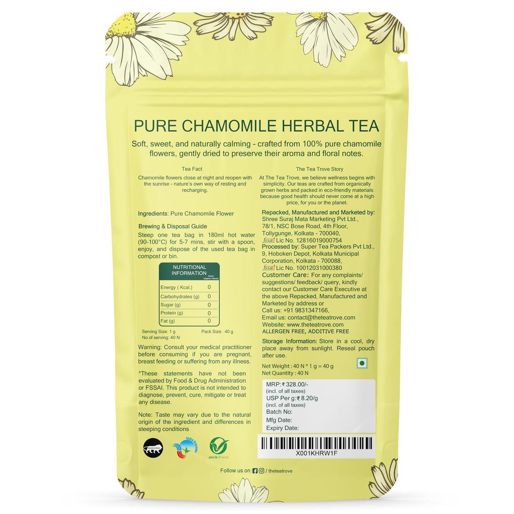 The Tea Trove Pure Chamomile Tea Bags Organic - 40 Eco-Friendly Caffeine Free Camomile tea in Resealable pouch - Steep Hot Or Iced | Pack of