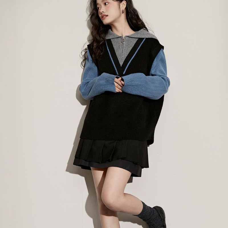 Navy Neck Half Zip Fake Two-piece Color Matching Pullover Women's Autumn and Winter Sweater