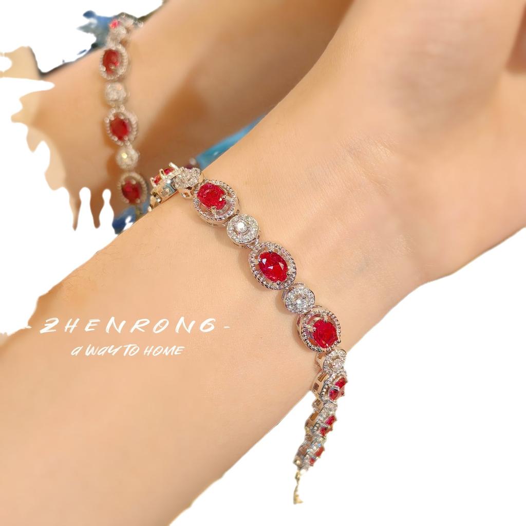 Heavy Industry Temperament Light Luxury Imitation Gemstone Bracelet Red Corundum Color Sapphire Blue Spinel High Retro Jewelry
