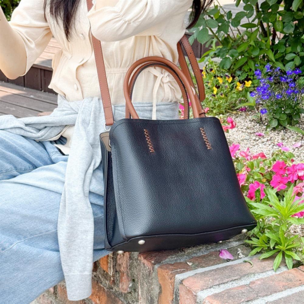 New Arrivals Open Run Women Classic Leather Stitch Square Handle Tote Bag