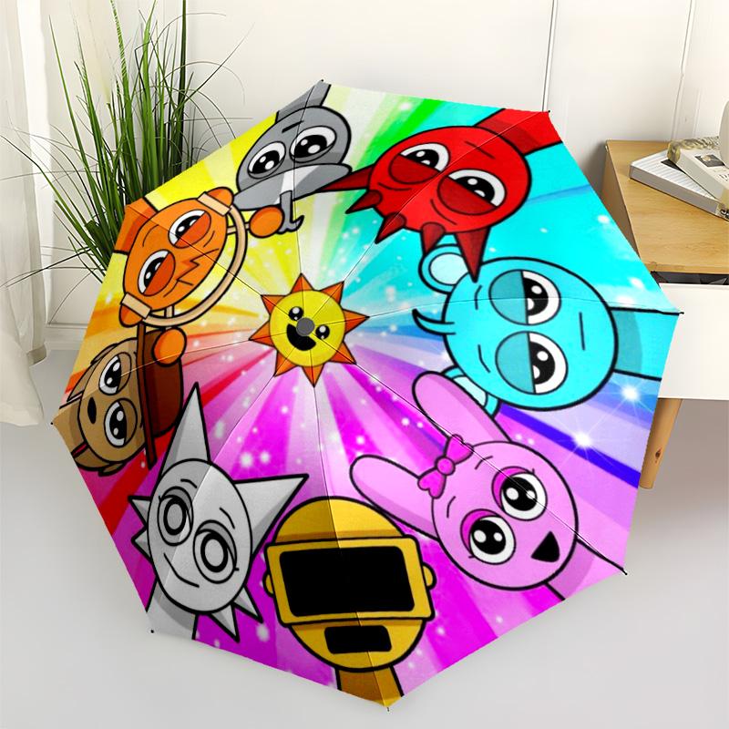 Colorful Cartoon Music Characters Print Folding Umbrella, Rainbow Burst Design Compact Sun/Rain Umbrella
