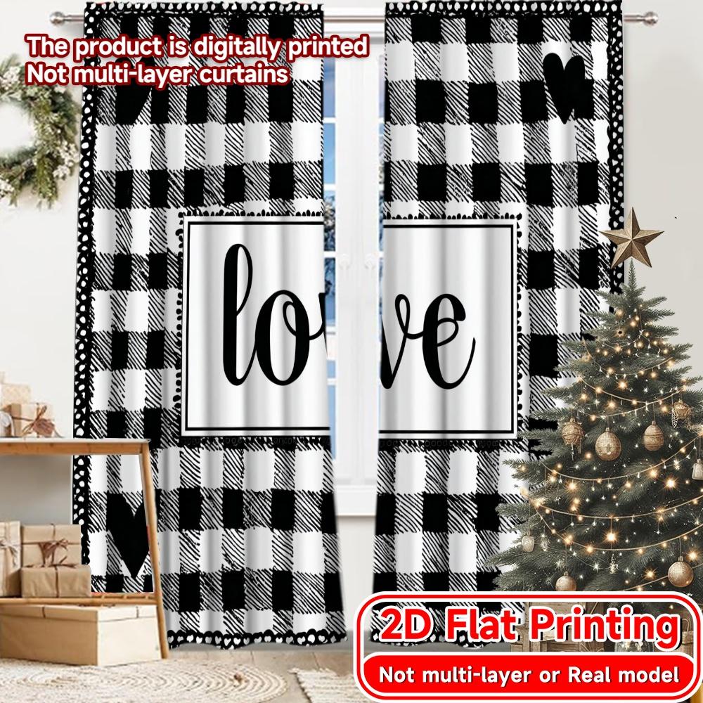 2D Flat Printing  2pcs Love Checkered Chic Curtain Chic Semi-Sheer Curtains Outdoor Decorations Use for Semi-Transparent Living 100*130 Grommet Top 1pcs