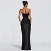 European Waist-Cinched Solid Color Strapless Satin Bodycon Dress with Lace-Up Ribbon