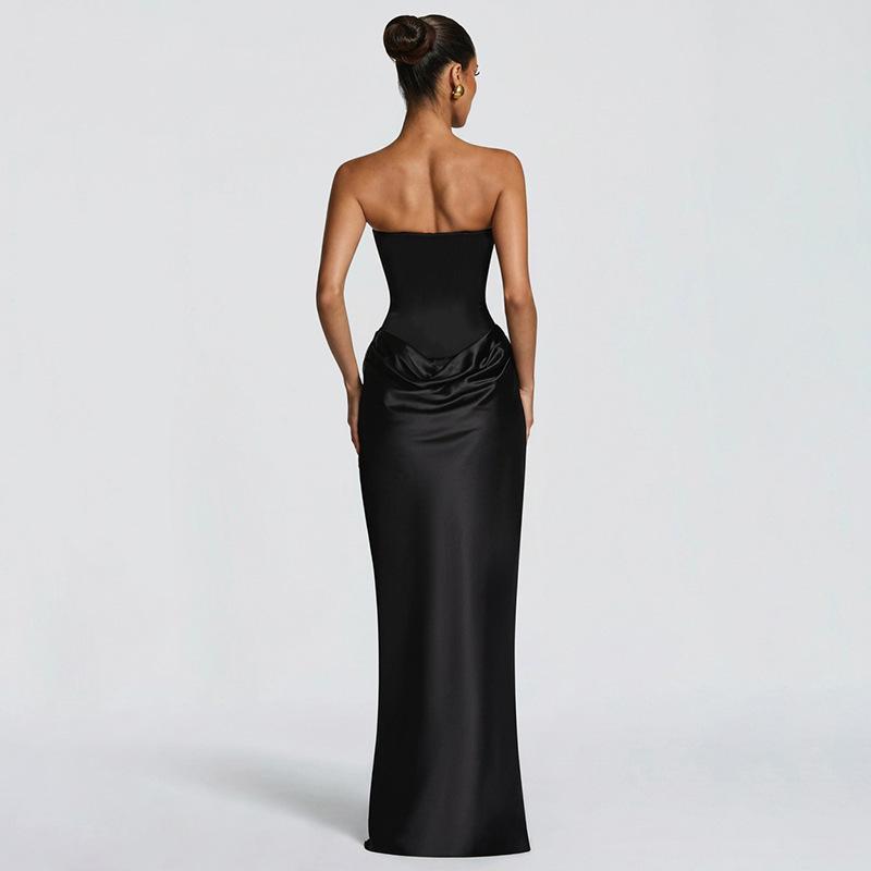 European Waist-Cinched Solid Color Strapless Satin Bodycon Dress with Lace-Up Ribbon