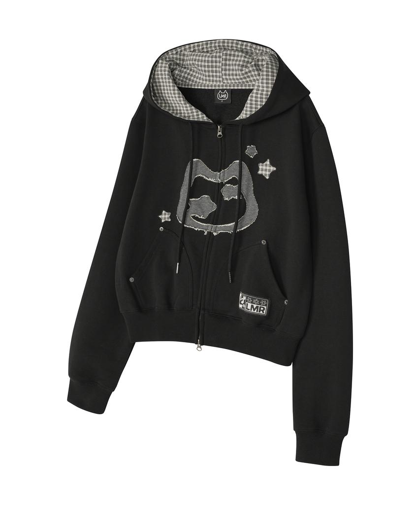 Lmr Cat Symbol Patchwork Crop Zip-Up Hoodie Black