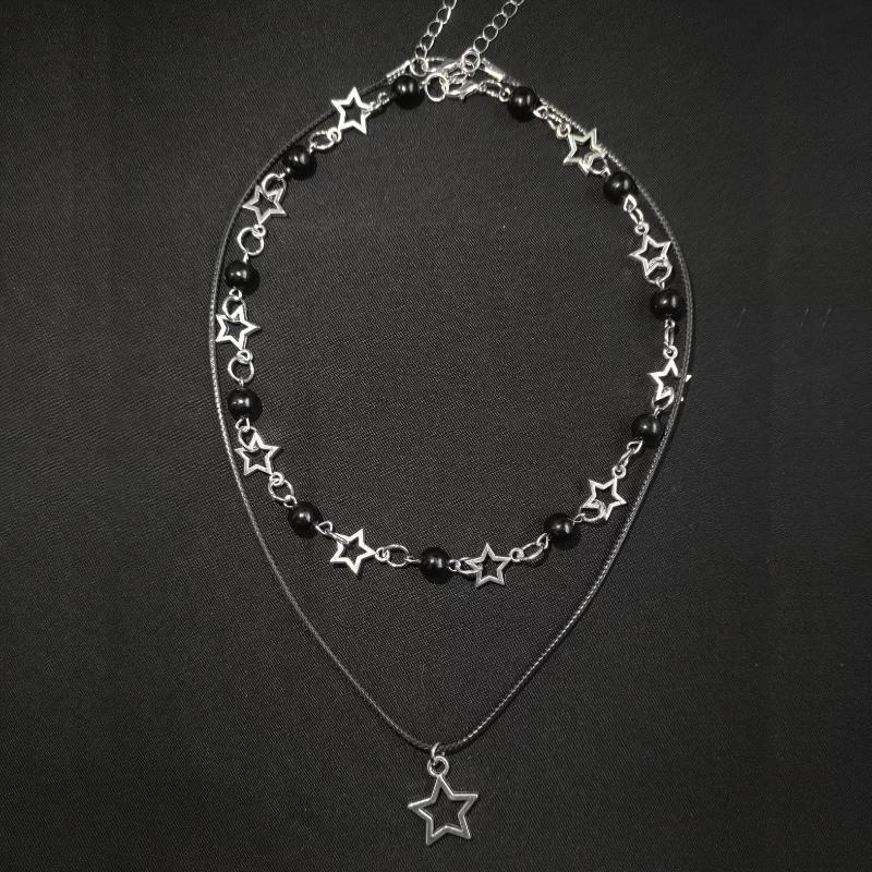 Dvouvrstvý černý korálkový hvězdicový choker náhrdelník Punk pentagram kožené šňůrky Náhrdelníky pro ženy dívky