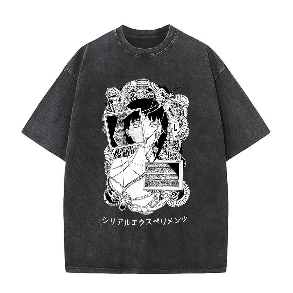 Washed Vintage Anime Serial Experiments Lain Face Graphic Tshirt Manga Girl Sci Fi Yk T Shirt Men Women Cotton Retro Tshirts