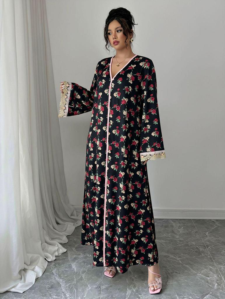 Elegant V-neck Middle Eastern Embroidered Lace Long-sleeved Muslim Robe Dress