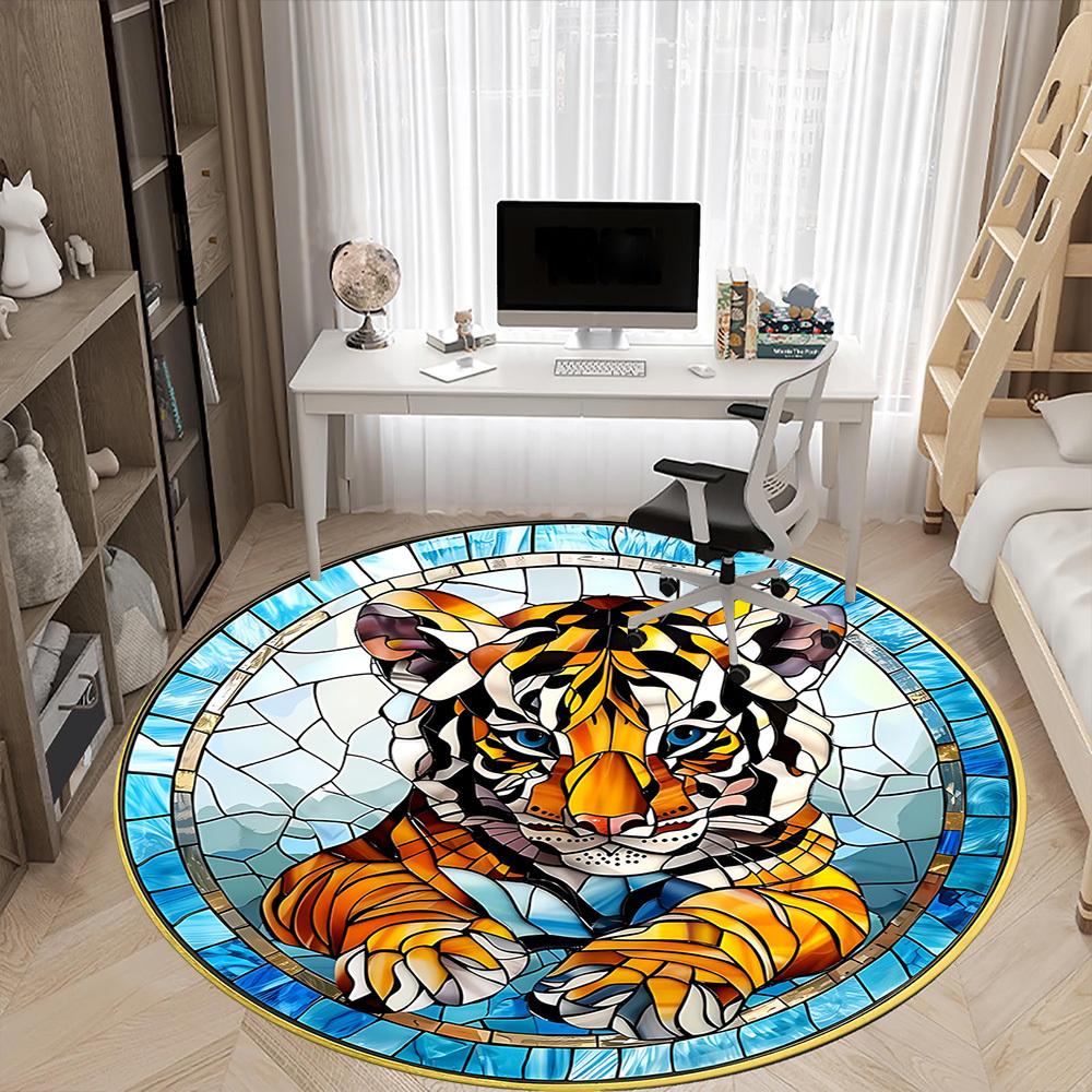 1 Stück Tiger Buntglas Büro Runder Teppich, Indoor-Matte Geeignet Für Büro, Unter Bürostühlen Schlafzimmer Wohnzimmer Heimdekoration, Raumdeko