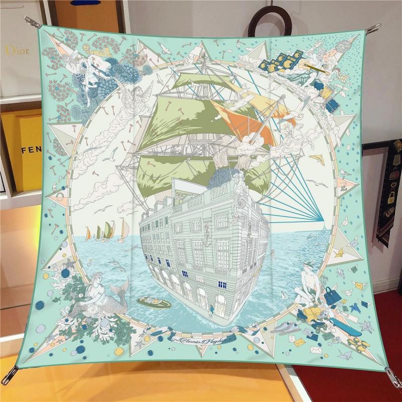 Spring New 90Cm Square Scarf Handmade Desktop Twill Silk High-End Shawl Headscarf Machine Curling Women Fashion Trend