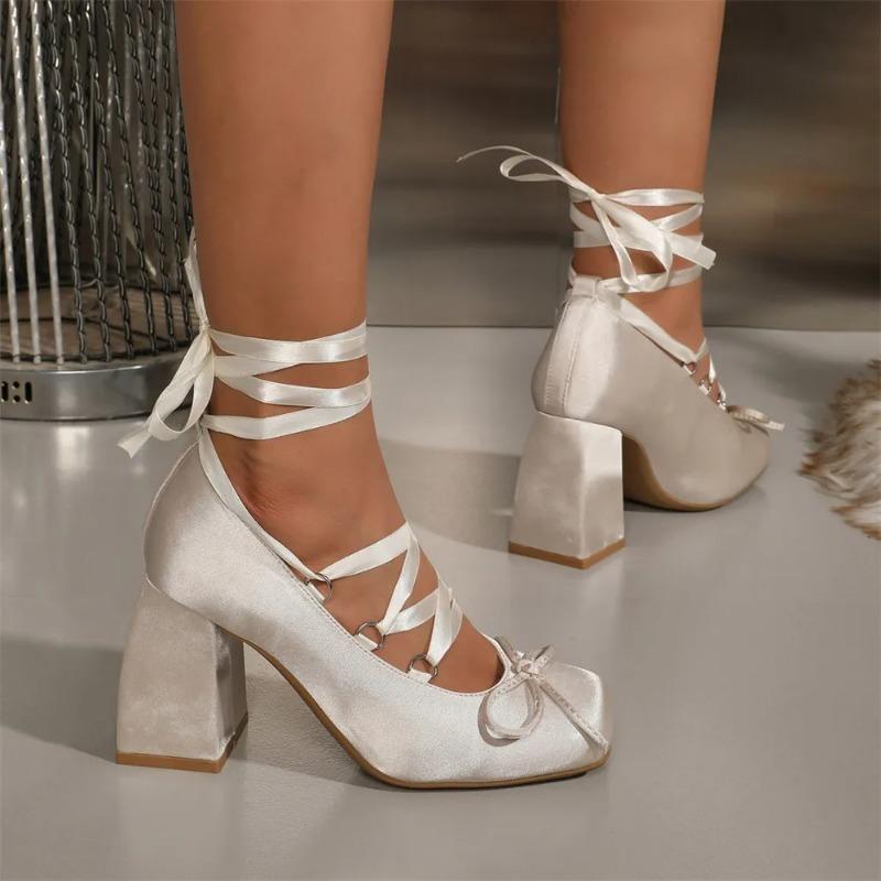 Brand Design Square High Heeled Cross-tied Ballerina Pumps Satin Beige Lace-up Sweet Lolita Mary Janes Ballet Shoes Women