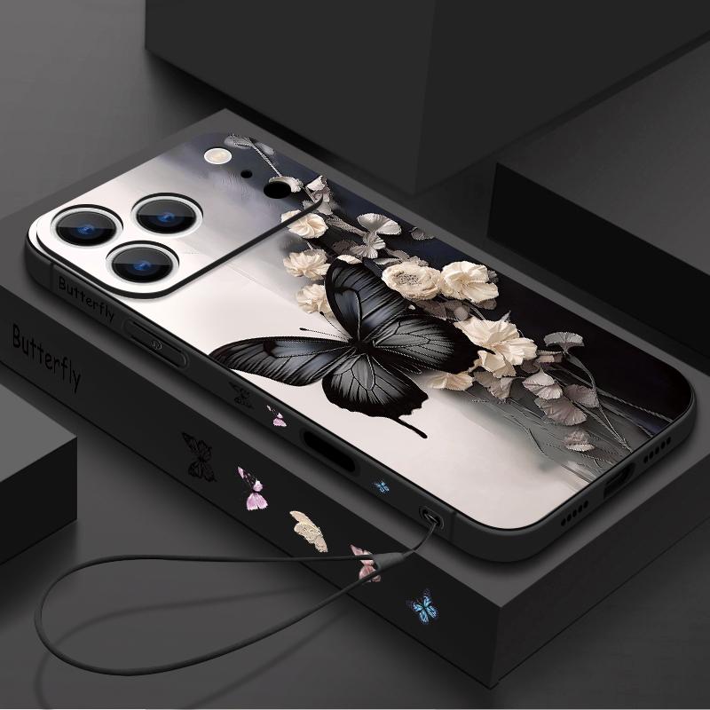 Wrist Strap Lanyard TPU Phone Case For iPhone 17 16 15 Pro Max 13 14 Pro Max 17e 16e 11 Black Butterfly Soft Silicone Back Cover