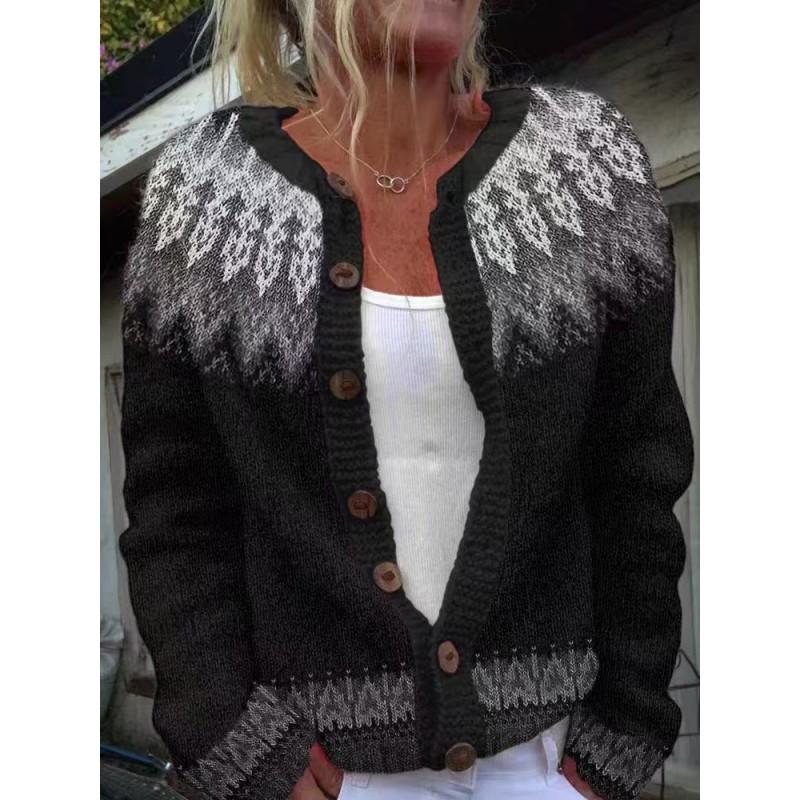 Womens Color Block Knit Cardigan Loose Fit Long Sleeve Geometric Casual Commute Style