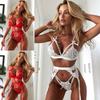 Sexy Deep V Lingerie Set for Women Heart Back 3 Piece Outfit with Garter Belt Erotic Babydoll Nightwear Temptation Three Styles