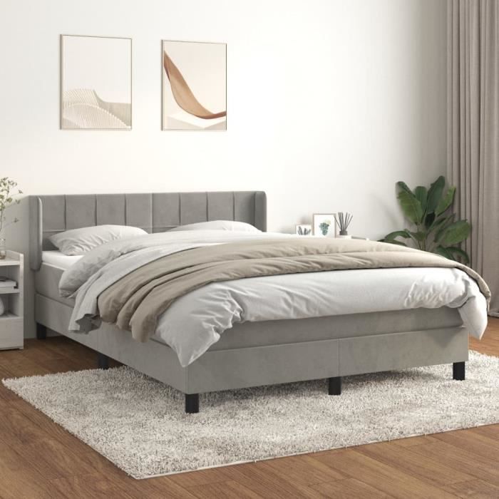 3130955 vidaXL Lit à sommier tapissier et matelas Gris clair 140x190cm Velours
