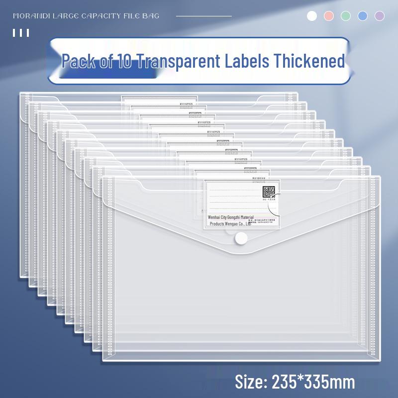 Transparent A4 File Bag, Large Capacity Snap Button, Test Paper & Document Storage for Students