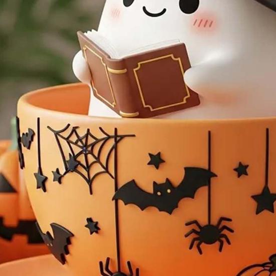 Halloween Ghost Teacup Figurine Witch Hat Reading Ghost Statue Resin Sculpture Home Office Holiday Party Desktop Decoration Ornament