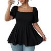 Plus Size Women's Smocked Waist Peplum Top Square Neck Puff Sleeve Casual Blouse Lightweight Comfortable Soft Fabric