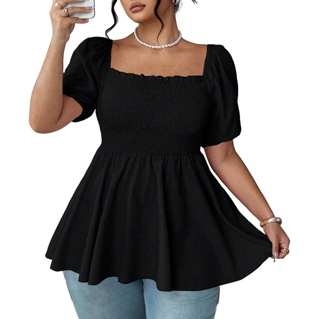 Plus Size Women's Smocked Waist Peplum Top Square Neck Puff Sleeve Casual Blouse Lightweight Comfortable Soft Fabric