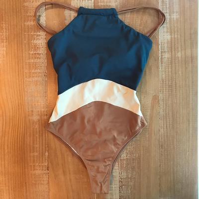 Fato de Banho Peça Única Patchwork Roupa de Banho Body de Gola Alta Fato de Banho Monokini