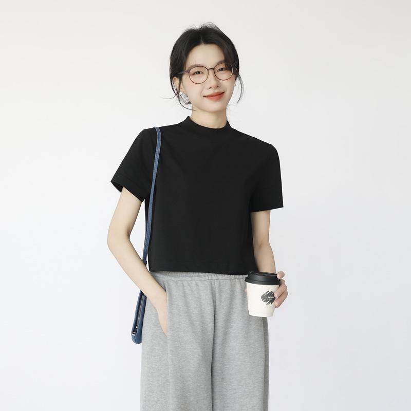Women s Summer Cropped Loose Mid-Neck T-Shirt S (up to 95 jin) чёрный