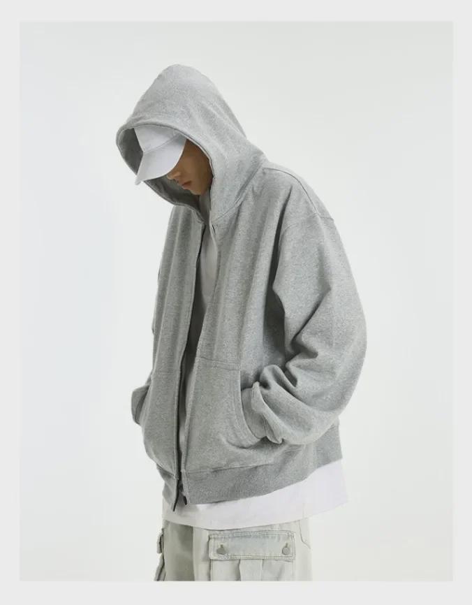 Unisex Retro Gray Hooded Sweatshirt with Double Zipper - Perfect for Spring & Autumn