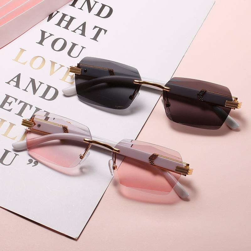 Luxury Rimless Sunglasses Women Fashion Square Sun Glasses Tint Color Printed Leg Men Travel Casual Shades