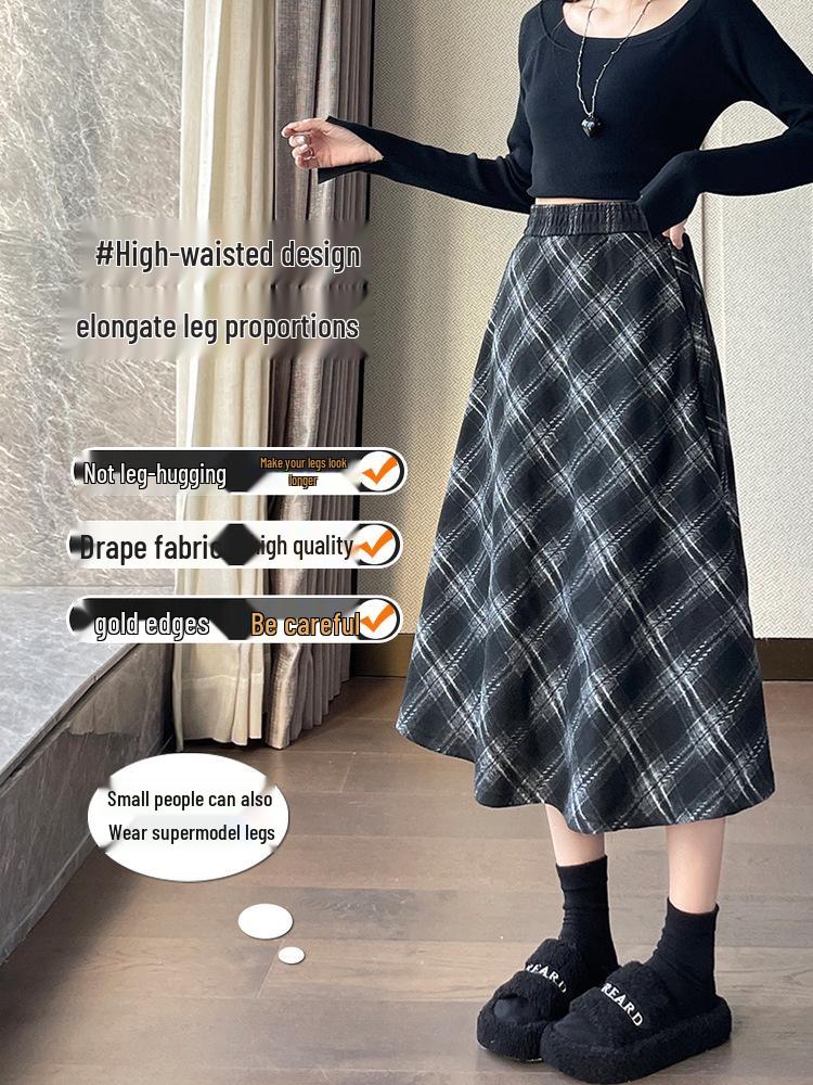 New Autumn/Winter Plus-Size Plaid Wool A-Line Midi Skirt for Women with Slimming Wide Hem