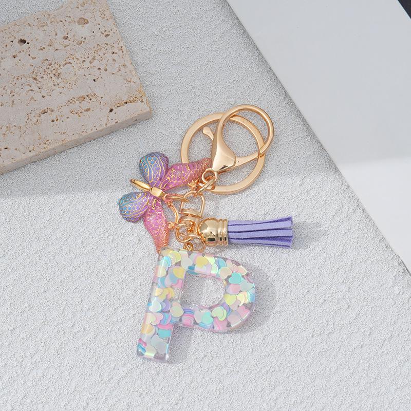 Heart & Alphabet Keychain with Butterfly and Tassel Bag Charm