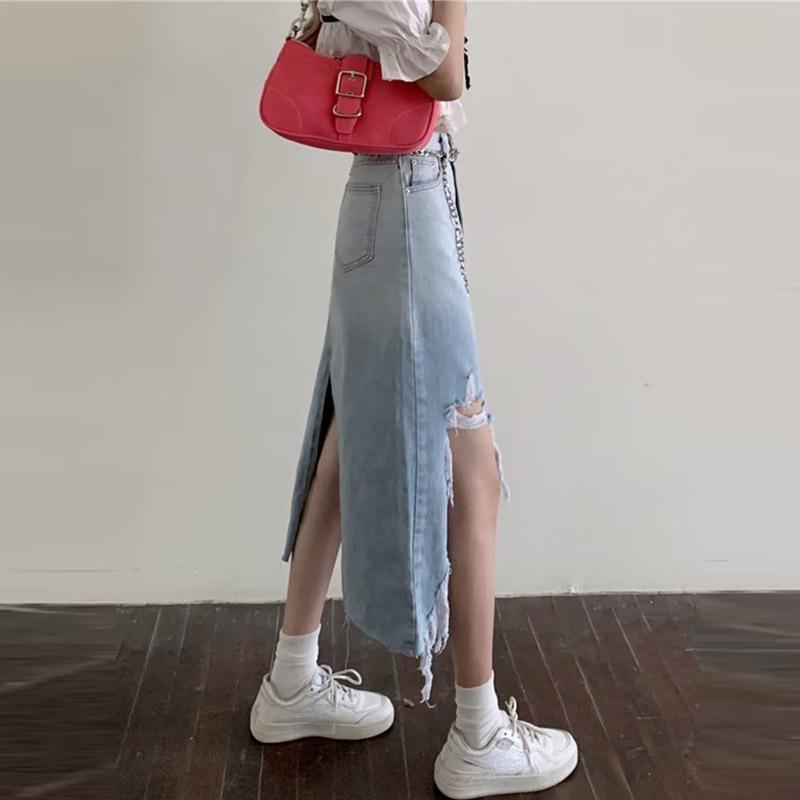 Revet Ujevn Denimskjørt for Kvinner Retro Sliss Midilengde Skjørt Høy Midje Stor Størrelse Dameklær Street Style