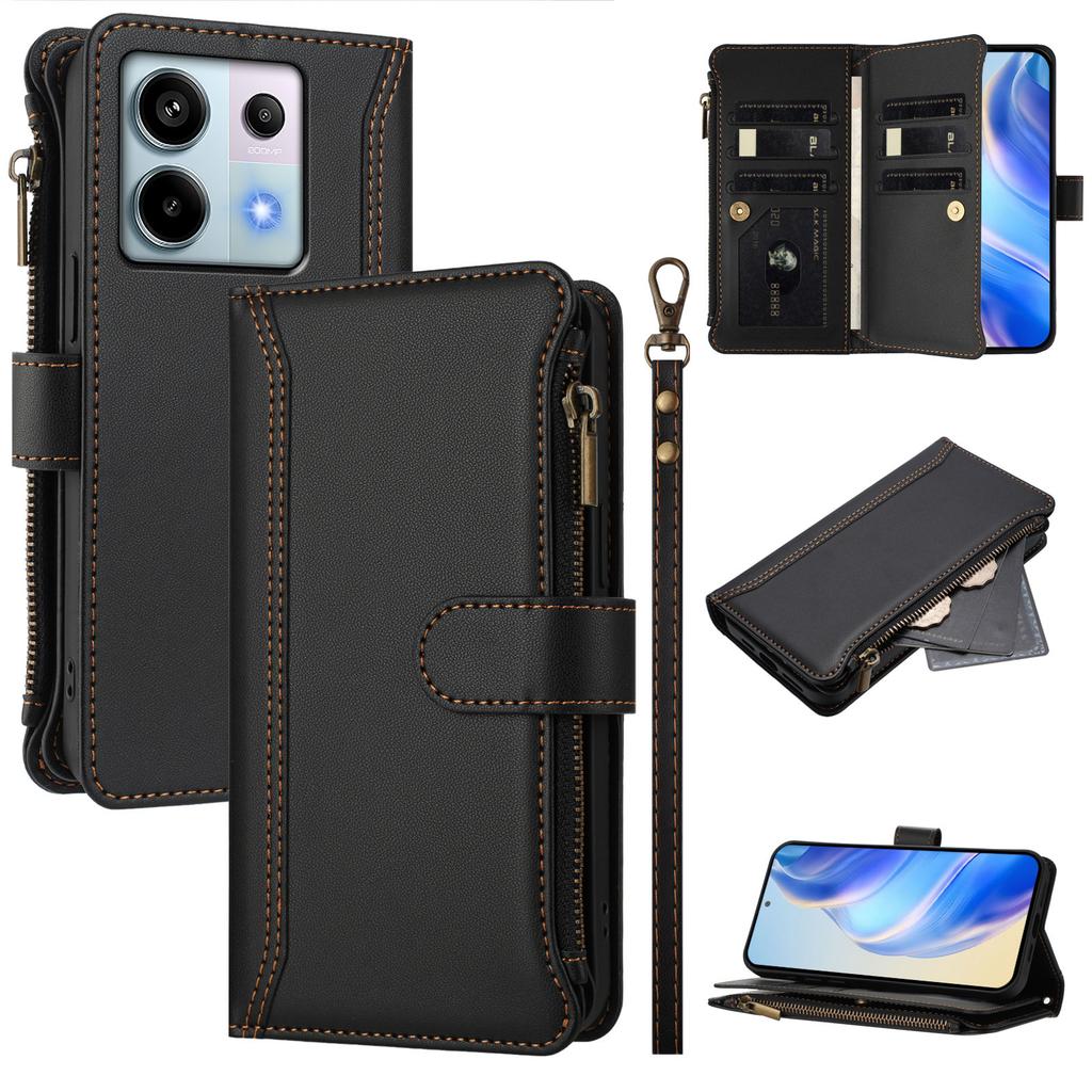 For Xiaomi Poco X6 5G/Xiaomi Redmi Note 13 Pro 5G Leather Case 9 Card Slots Zipper Wallet Stand Phone Cover with Wrist Strap
