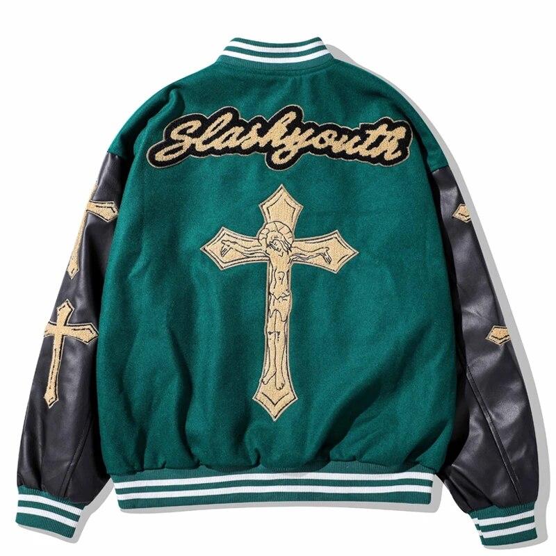 

American Hip-hop Flocking Cross Embroidery Varsity Jacket Men Street PU Leather Stitching Bomber Jacket Couple Baseball Uniform