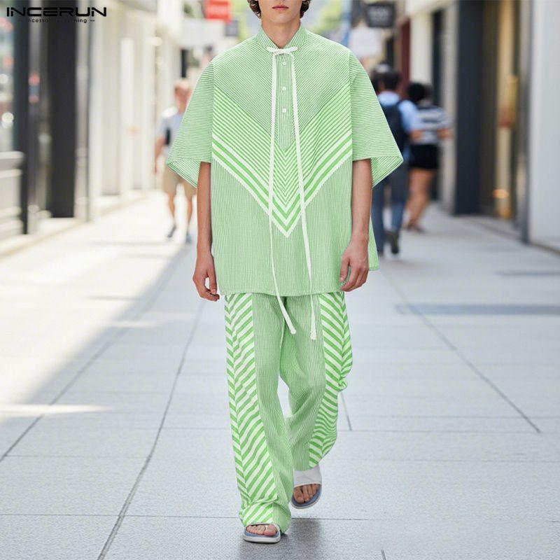 INCERUN 2 Stück Sommer Herren Kurzarm Gestreifte Nähte Hemden und Lange Hosen Übergroße Outfits Sets