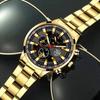 3PCS Men Fashion Sports Watches Luxury Gold Stainless Steel Wrist Watch for Mens Business Wristwatch Bracelet Necklace Set