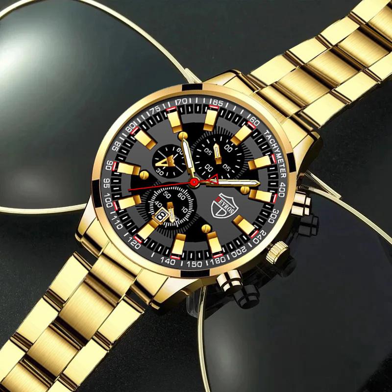 3PCS Men Fashion Sports Watches Luxury Gold Stainless Steel Wrist Watch for Mens Business Wristwatch Bracelet Necklace Set