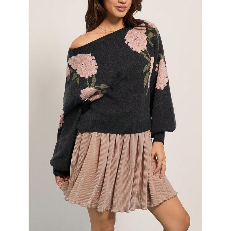 Suéter de punto jacquard floral casual de manga larga para mujer 2025 Europeo