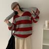 V-neck Striped Scarf Pullover Sweater Women's Autumn and Winter New Lazy Contrasting Color Loose Large Size Knitted Sweater