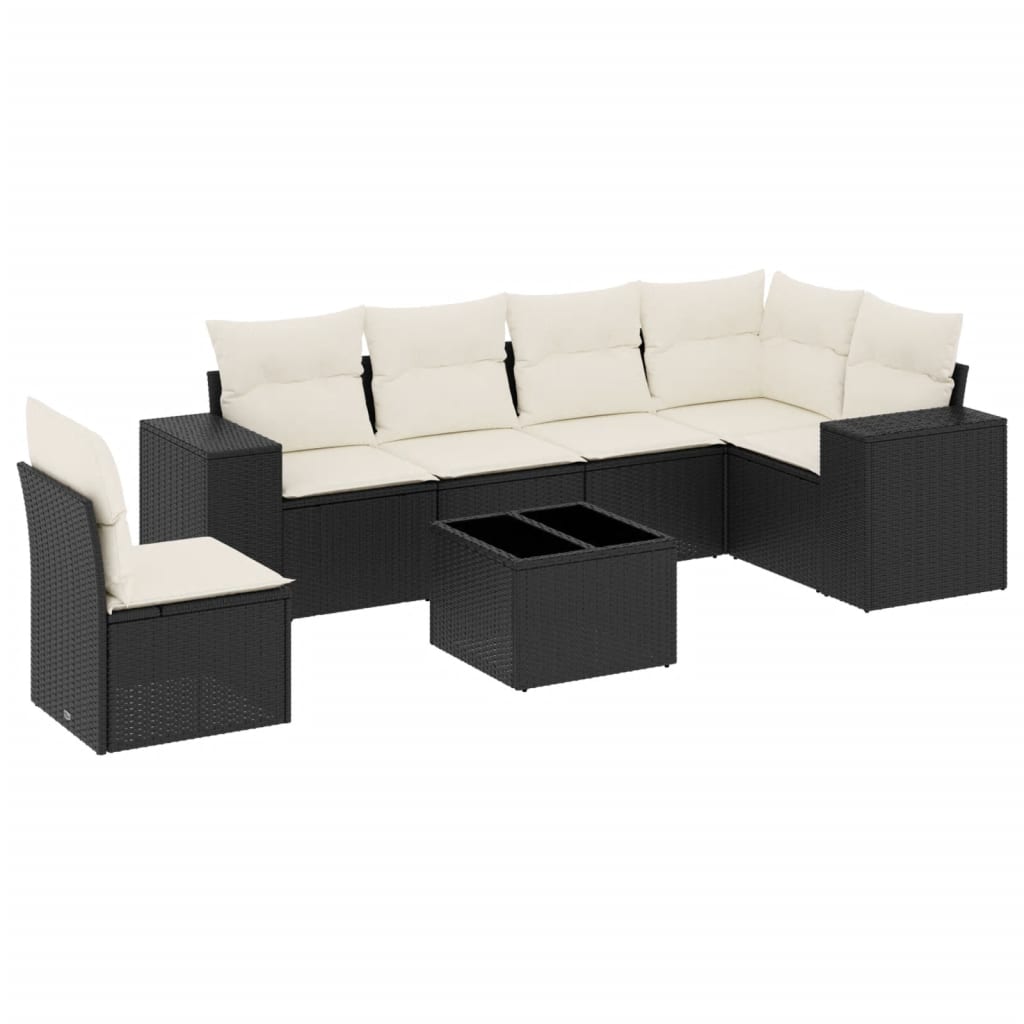 7-teiliges Gartensofa-Set mit Kissen Schwarzes Poly-Rattan
