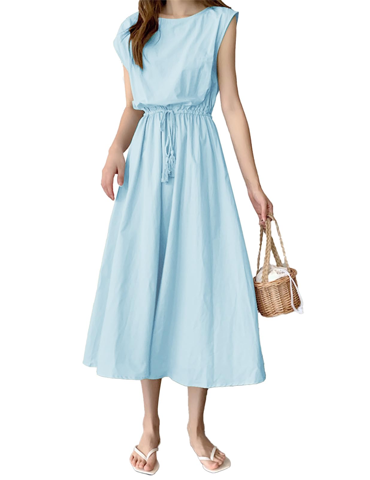 

Sorosis Повседневный Круглый вырез Длинный Свободный Идеально для Повседневного и Особого Лета Размер Маленький Женское Платье, Без рукавов, А-силуэт, Длина до колена, Расклешенное, Горловина, Платье, синий